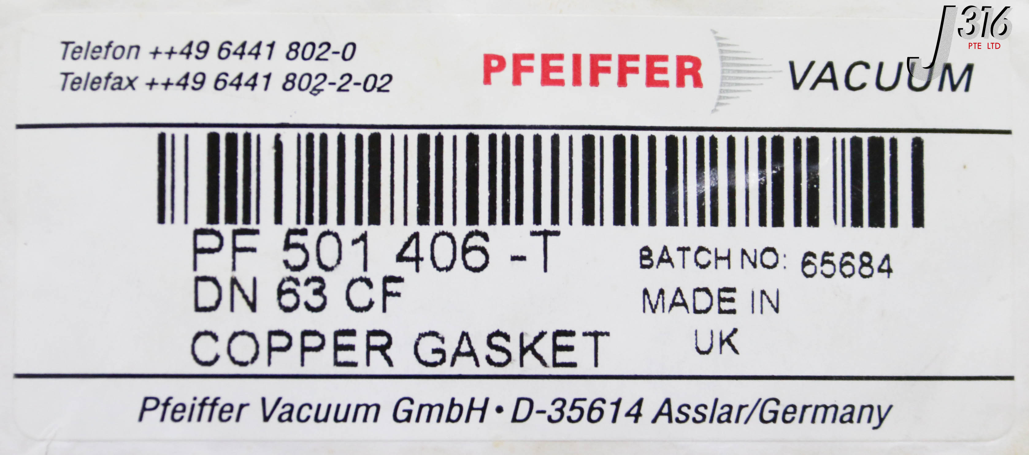 C3329 PFEIFFER VACUUM COPPER GASKET, DN 63 CF (NEW) PF 501 406-T